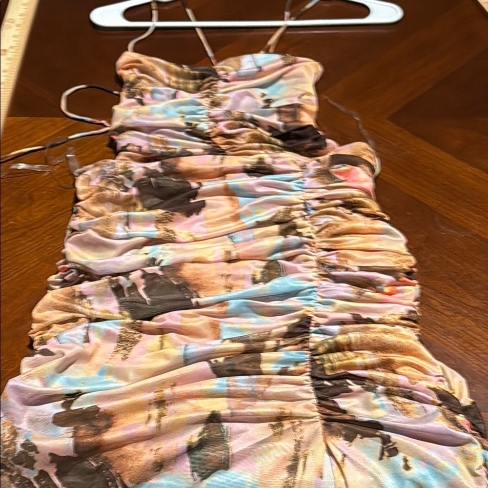 Y2k ruched Elegant Cream and Orange Spaghetti Strap Maxi Dress front slit acacia - Picture 13 of 16